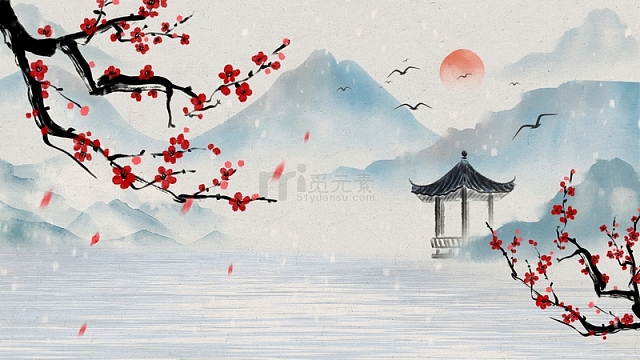 国潮水墨山水梅花背景