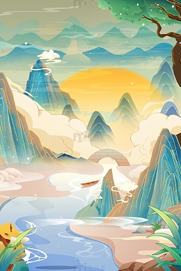 国潮中秋插画国风古风背景海报