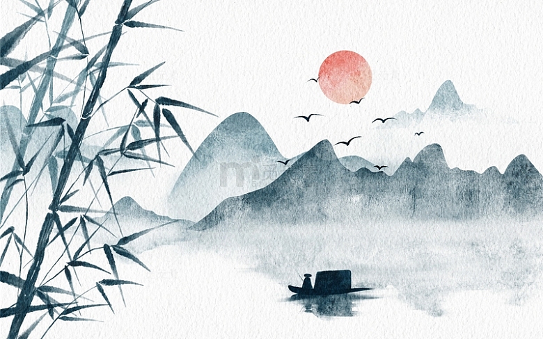 手绘中国风水墨山水画竹叶船只古风背景