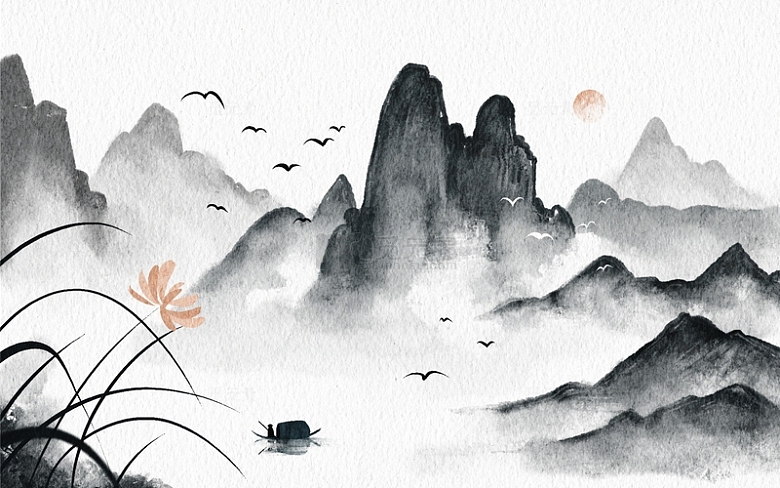 中国古风水墨山水画复古文艺海报背景
