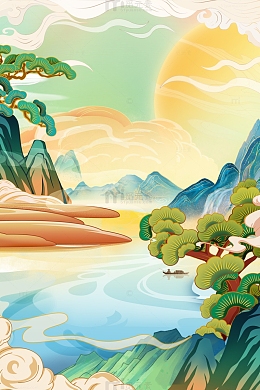 国风国潮插画古风山水插画背景海报