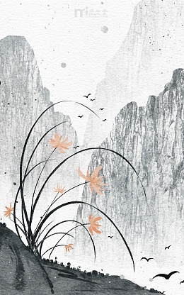 中国风水墨画兰花复古群山海报背景