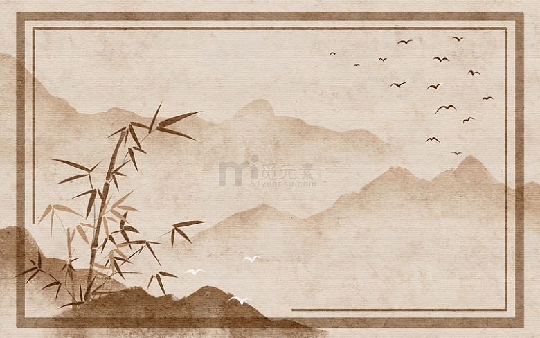 中国古风山竹林飞鸟复古纸张海报背景