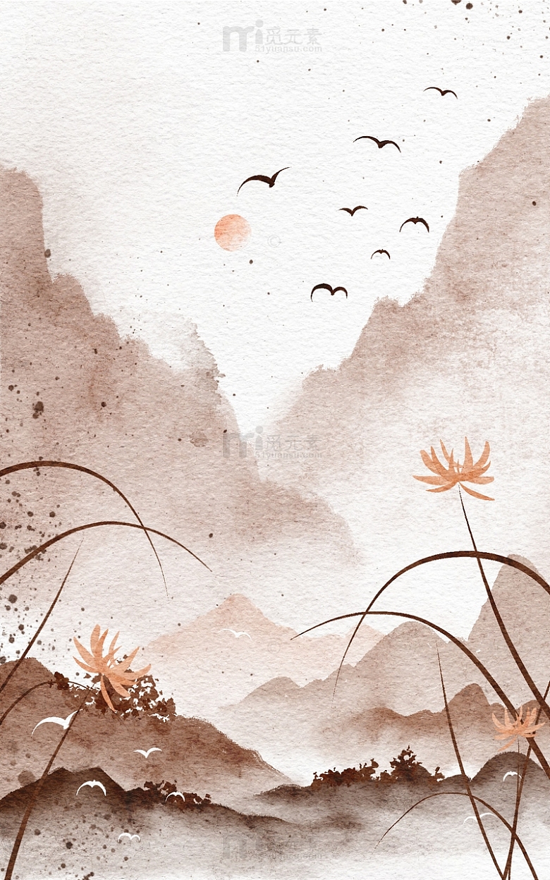 中国风水墨山水画纸张飞鸟咖色背景