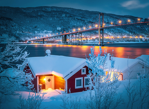 冬季唯美挪威雪景夜景
