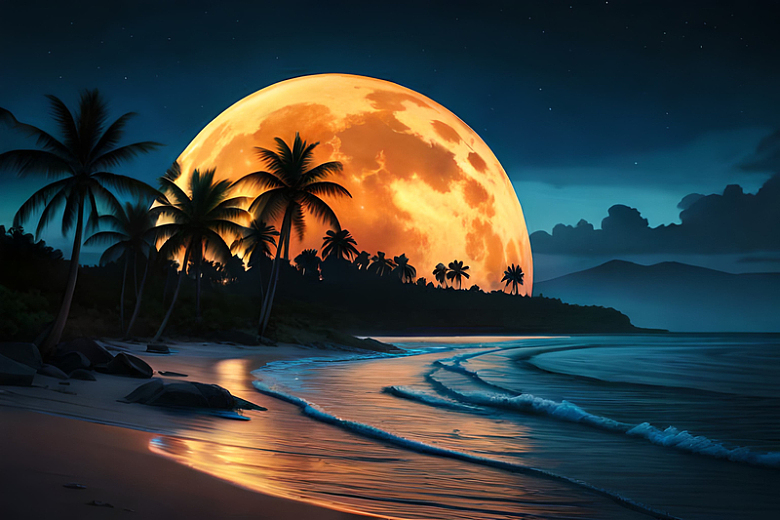热带海边椰子树月色
