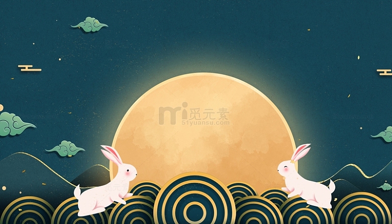 国潮中秋满月玉兔横幅海报背景