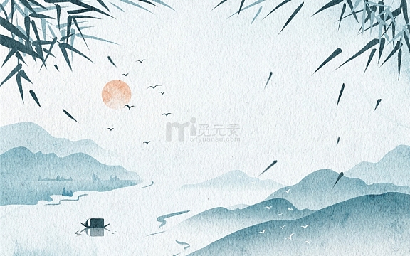 手绘中国风山水画船只飞鸟古风背景