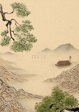 手绘国风古风复古工笔画山水松柏背景