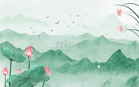 手绘国风山水画荷花兰花青山绿水插画背景