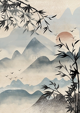 手绘中国风水墨山水画大雁竹叶植物古风背景