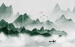 手绘水墨山水画群山瀑布船只中国风背景
