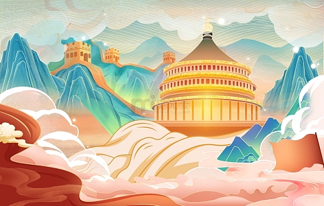 中国风山水国潮国庆节插画