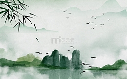 手绘水墨画插画山水画飞鸟水彩背景