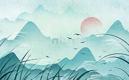手绘水墨山水画白露节气芦苇插画海报背景