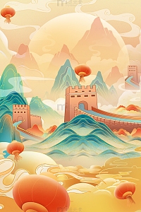 国潮喜迎国庆节插画国风背景海报