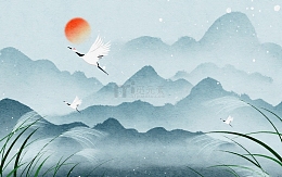 手绘水墨山水画芦苇白鹭白露节气插画海报