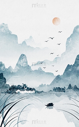 手绘白露芦苇中国风水墨山水画海报插画背景