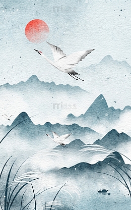 手绘水墨山水画白露白鹭芦苇插画中国风海报