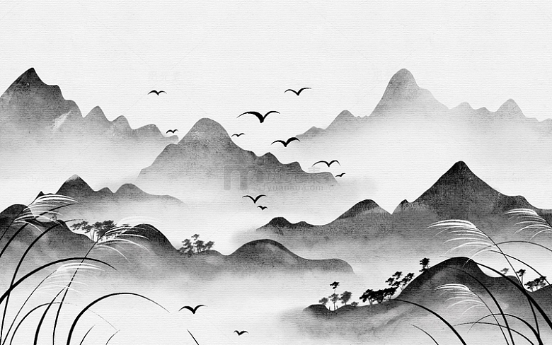 手绘白露山水水墨画芦苇中国风插画背景