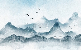 手绘水墨山水画中国风下雪飞鸟海报插画
