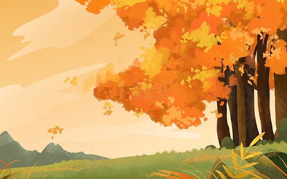 手绘秋天户外秋分场景树林插画海报背景