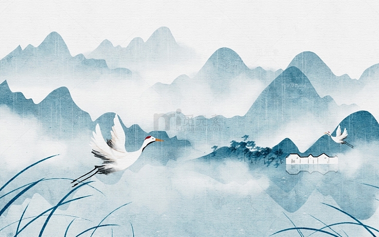 手绘山水画白露节气白鹭蓝色中国风插画