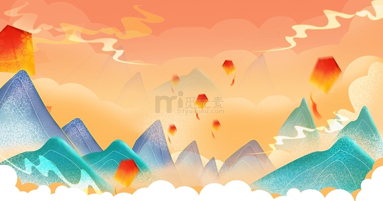 中国风国潮中秋山水祥云底部海报装饰背景
