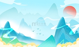 中国风国潮山水祥云底部海报装饰插画背景