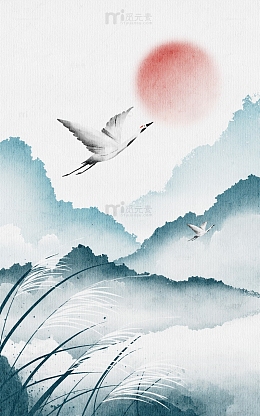 手绘水墨山水画白鹭白露节气中国风插画背景