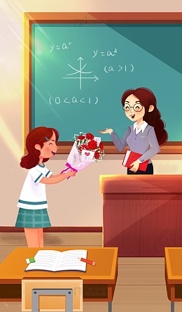 教师节学生在教室送花给老师黑板课桌讲台