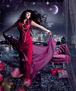 夜色星空红长裙美女