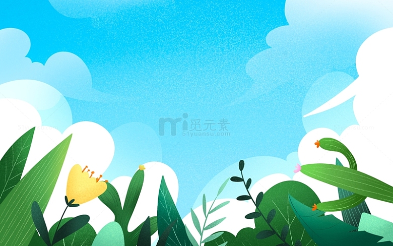 手绘春天夏天绿植花卉植物蓝天白云插画背景