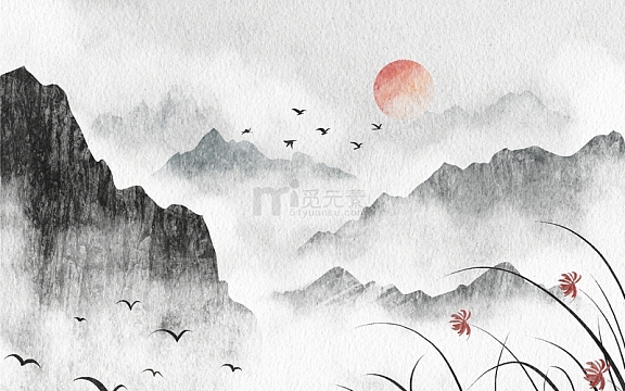手绘中国风古风群山兰花草水墨画插画背景