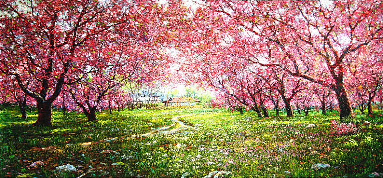 樱花林油画风景