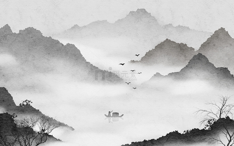 手绘中国风水墨画群山云雾古风复古背景