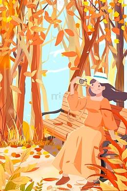 唯美金秋节气秋分拍照的女孩插画