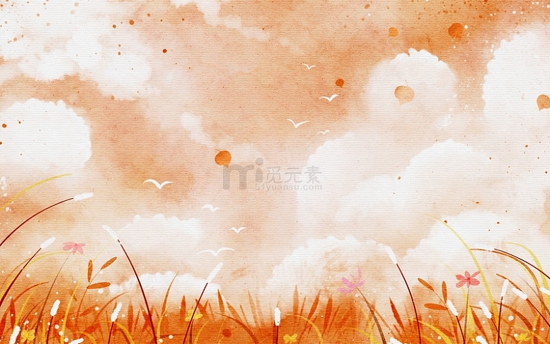 手绘水彩画秋天秋分云朵飞鸟橙色背景