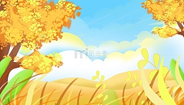 秋分手绘大树草丛蓝天白云背景banner