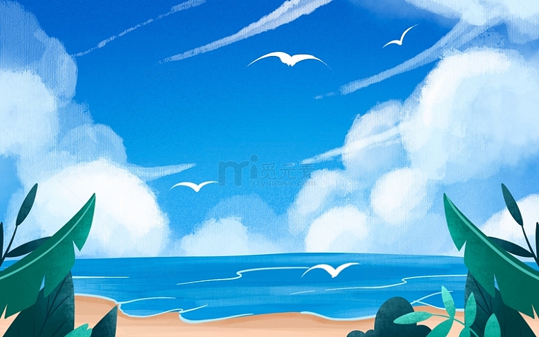 手绘夏天蓝天白云飞鸟植物海边海报背景