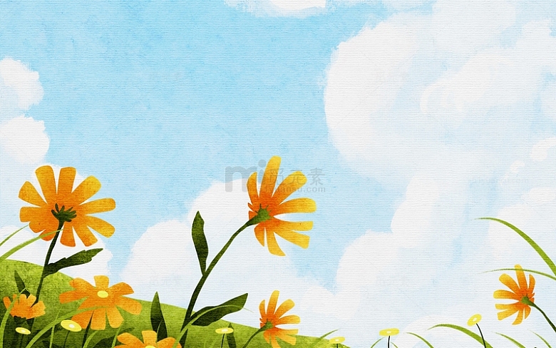 手绘春天户外植物花草蓝天白云插画节气海报