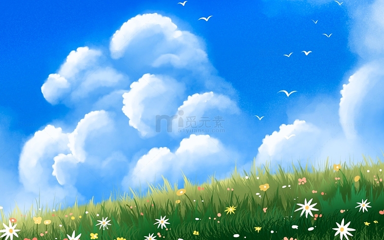 手绘户外春天夏天花卉植物蓝天白云海报插画
