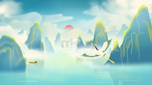 中国风国潮山水泛舟插画背景