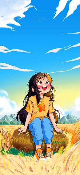 秋天田野金黄稻田麦田山丘麦子女孩手绘插画