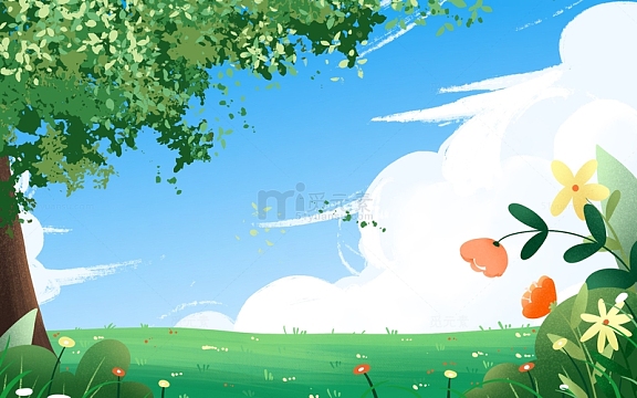 手绘户外春天蓝天花卉植物树叶插画海报