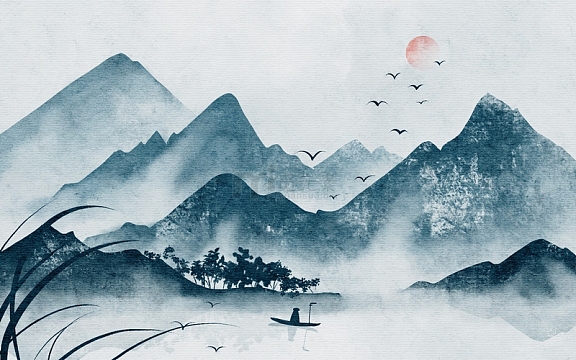 手绘中国风复古水墨山水画飞鸟海报插画