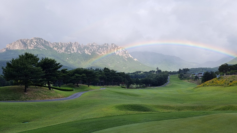 雨后高尔夫球场彩虹草地风景