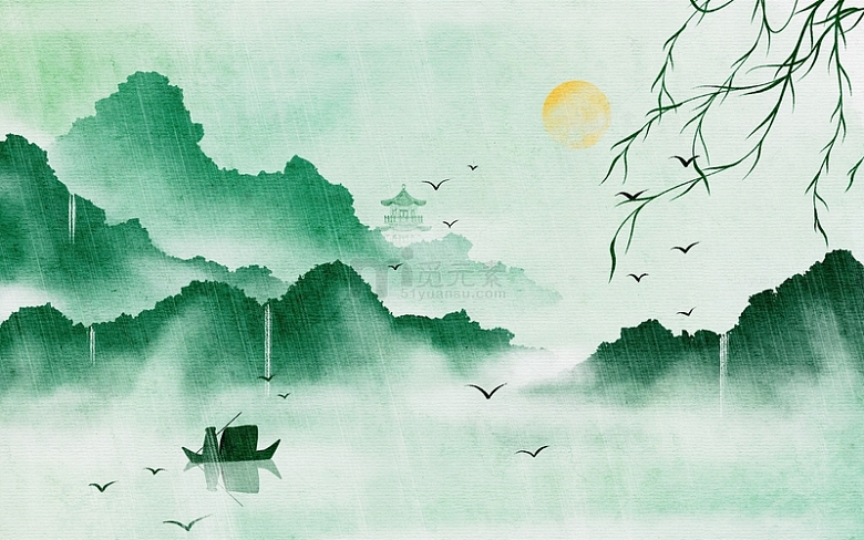 手绘中国风水墨山水画烟雨柳条渔船海报插画
