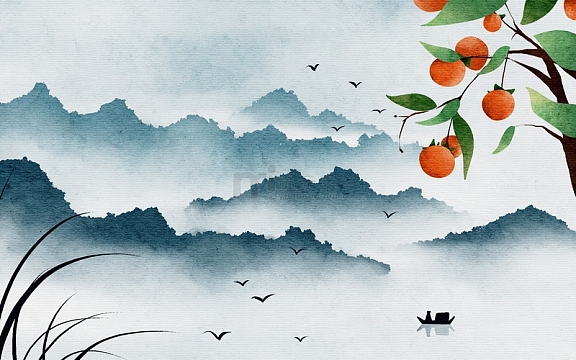 手绘寒露节气柿子水墨山水插画