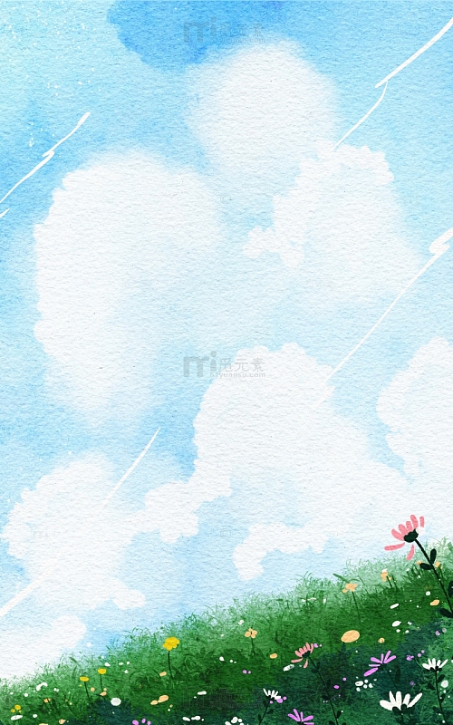 手绘春天夏天户外草丛蓝天白云水彩画